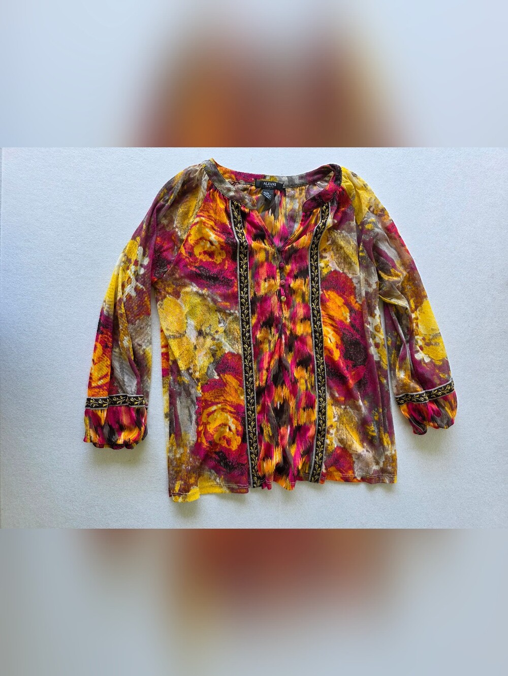 Alfani Floral-Print Long Sleeve Shirt - Fuchsia, Yellow & Brown